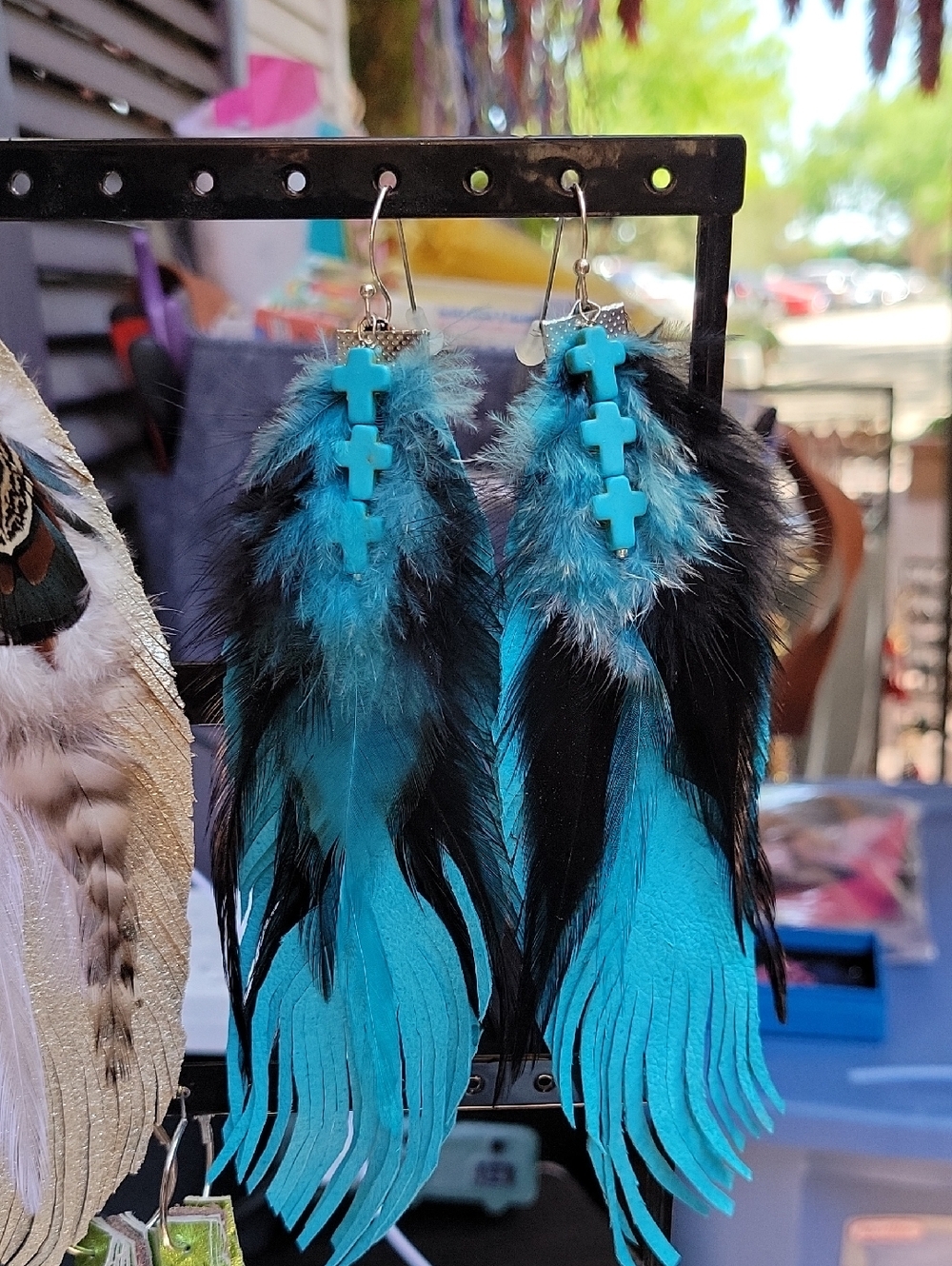 Turquoise Feather Cross Drop Earrings - Women Jewelry